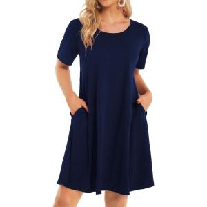 imageWomens Summer Dresses Beach Casual Loose Tshirt Floral Short Sleeve Flowy Pockets Sundresses01 Navy Blue