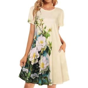 imageWomens Summer Dresses Beach Casual Loose Tshirt Floral Short Sleeve Flowy Pockets SundressesApricot Floral