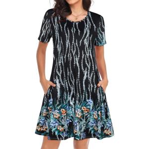 imageWomens Summer Dresses Beach Casual Loose Tshirt Floral Short Sleeve Flowy Pockets SundressesBlack Catkins Flower