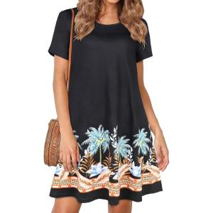 imageWomens Summer Dresses Beach Casual Loose Tshirt Floral Short Sleeve Flowy Pockets SundressesBlack Coconut Trees