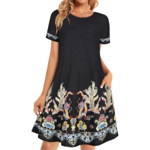 imageWomens Summer Dresses Beach Casual Loose Tshirt Floral Short Sleeve Flowy Pockets SundressesBlack Dragon