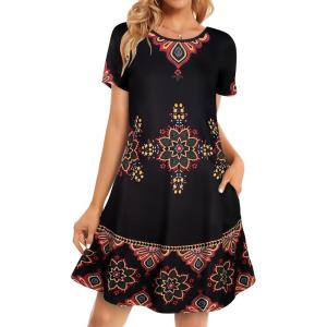 imageWomens Summer Dresses Beach Casual Loose Tshirt Floral Short Sleeve Flowy Pockets SundressesBlack Red Boho