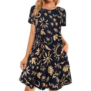 imageWomens Summer Dresses Beach Casual Loose Tshirt Floral Short Sleeve Flowy Pockets SundressesBlack Sun Star