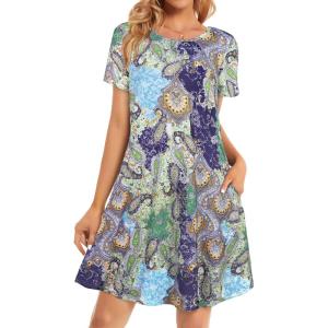 imageWomens Summer Dresses Beach Casual Loose Tshirt Floral Short Sleeve Flowy Pockets SundressesBlue Amoeba