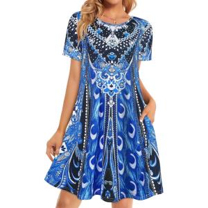 imageWomens Summer Dresses Beach Casual Loose Tshirt Floral Short Sleeve Flowy Pockets SundressesBlue Boho