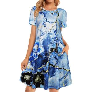 imageWomens Summer Dresses Beach Casual Loose Tshirt Floral Short Sleeve Flowy Pockets SundressesBlue Tie Dye