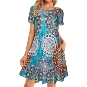 imageWomens Summer Dresses Beach Casual Loose Tshirt Floral Short Sleeve Flowy Pockets SundressesBohemian Blue