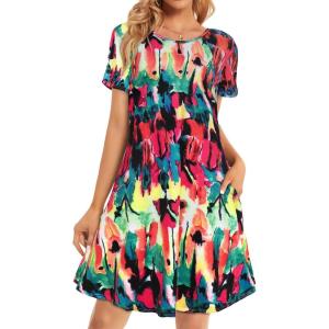imageWomens Summer Dresses Beach Casual Loose Tshirt Floral Short Sleeve Flowy Pockets SundressesColorful Tie Dye