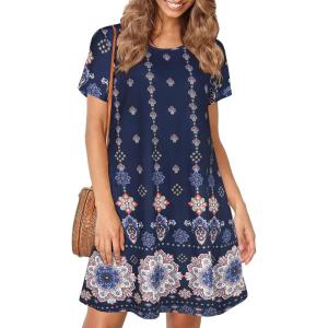 imageWomens Summer Dresses Beach Casual Loose Tshirt Floral Short Sleeve Flowy Pockets SundressesDark Blue Boho