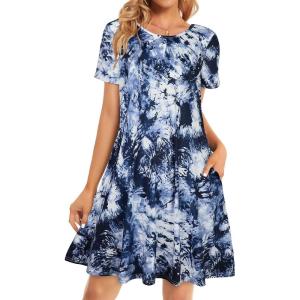 imageWomens Summer Dresses Beach Casual Loose Tshirt Floral Short Sleeve Flowy Pockets SundressesDark Blue Tie Dye