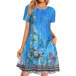 imageWomens Summer Dresses Beach Casual Loose Tshirt Floral Short Sleeve Flowy Pockets SundressesDeepskyblue Boho