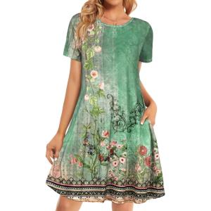 imageWomens Summer Dresses Beach Casual Loose Tshirt Floral Short Sleeve Flowy Pockets SundressesGreen Flowers