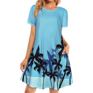 imageWomens Summer Dresses Beach Casual Loose Tshirt Floral Short Sleeve Flowy Pockets SundressesLight Blue Trees