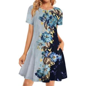 imageWomens Summer Dresses Beach Casual Loose Tshirt Floral Short Sleeve Flowy Pockets SundressesLightsteelblue Floral