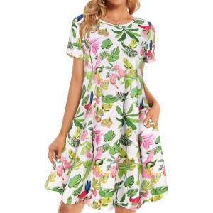 imageWomens Summer Dresses Beach Casual Loose Tshirt Floral Short Sleeve Flowy Pockets SundressesPink Green Leaves