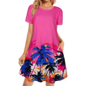 imageWomens Summer Dresses Beach Casual Loose Tshirt Floral Short Sleeve Flowy Pockets SundressesPink Trees