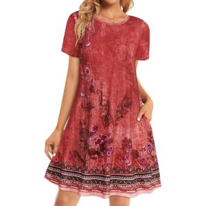 imageWomens Summer Dresses Beach Casual Loose Tshirt Floral Short Sleeve Flowy Pockets SundressesRed Boho