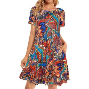 imageWomens Summer Dresses Beach Casual Loose Tshirt Floral Short Sleeve Flowy Pockets SundressesVintage Painting