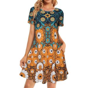 imageWomens Summer Dresses Beach Casual Loose Tshirt Floral Short Sleeve Flowy Pockets SundressesYellow Sunflower