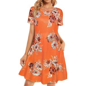 imageelescat Women Summer Dress Tshirt Beach Sundress Casual Plus Size Flowy Swing Short Sleeve Loose TunicOrange FlowerL