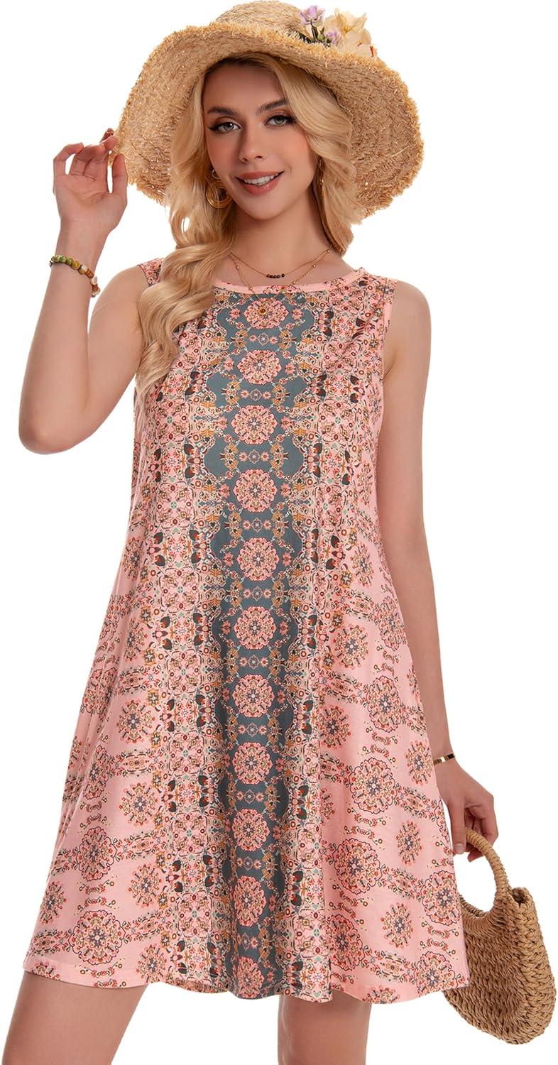 imageSummer Dresses for Women Beach Boho Sleeveless Vintage Floral Flowy Pocket Tshirt Tank SundressesA Pink Boho Floral