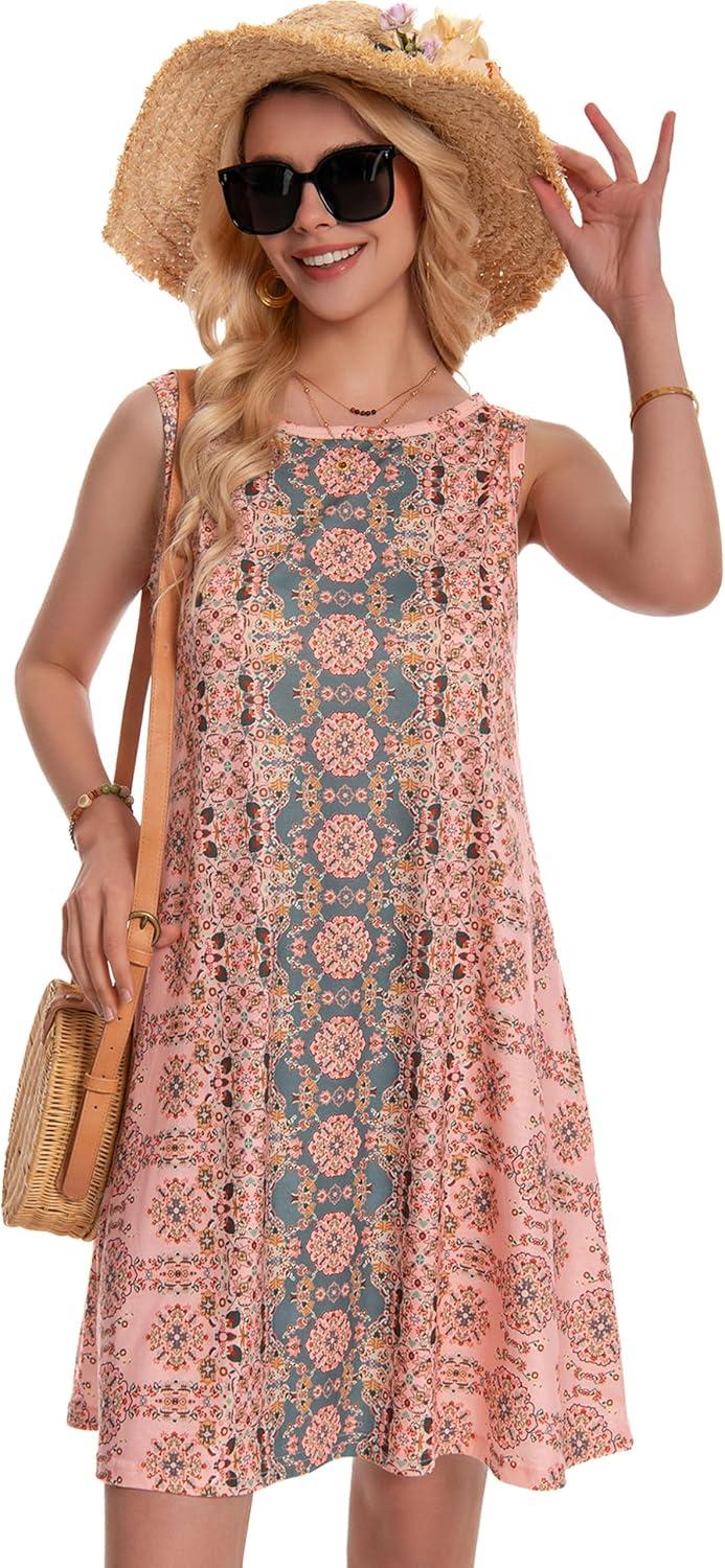imageSummer Dresses for Women Beach Boho Sleeveless Vintage Floral Flowy Pocket Tshirt Tank SundressesA Pink Boho Floral