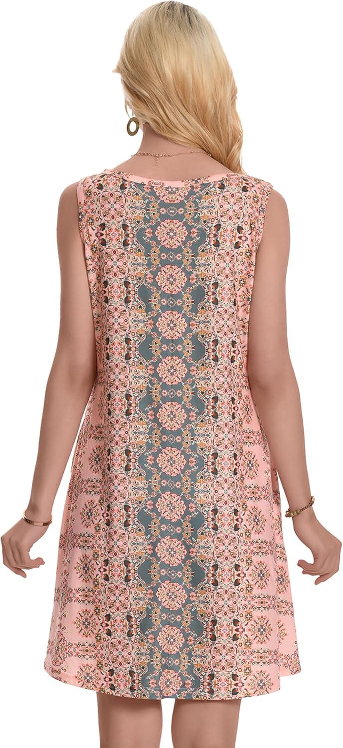 imageSummer Dresses for Women Beach Boho Sleeveless Vintage Floral Flowy Pocket Tshirt Tank SundressesA Pink Boho Floral
