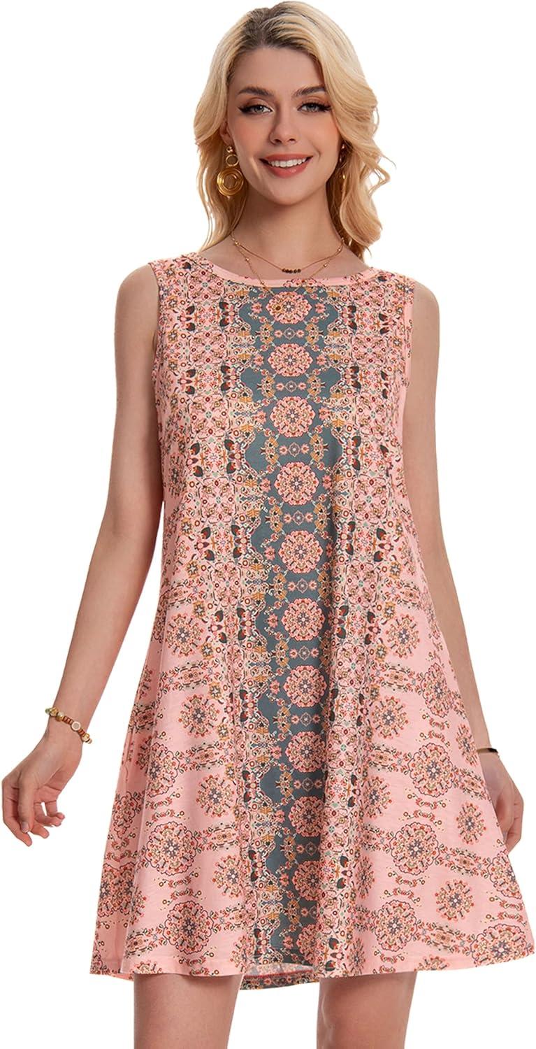 imageSummer Dresses for Women Beach Boho Sleeveless Vintage Floral Flowy Pocket Tshirt Tank SundressesA Pink Boho Floral