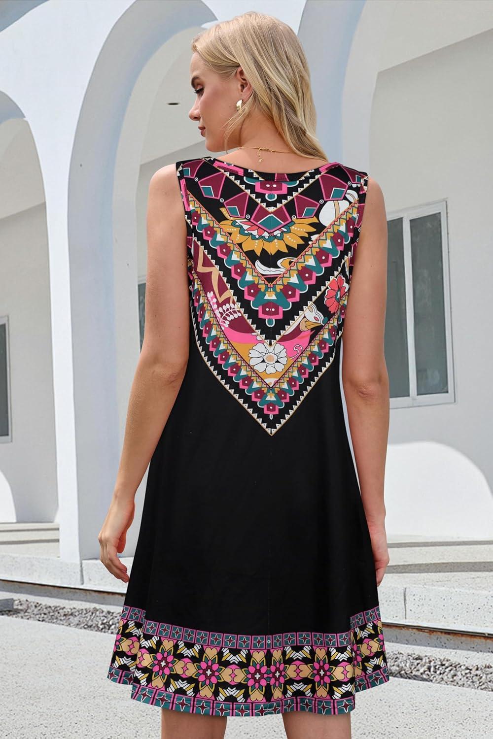 imageSummer Dresses for Women Beach Boho Sleeveless Vintage Floral Flowy Pocket Tshirt Tank SundressesBlack Boho Floral