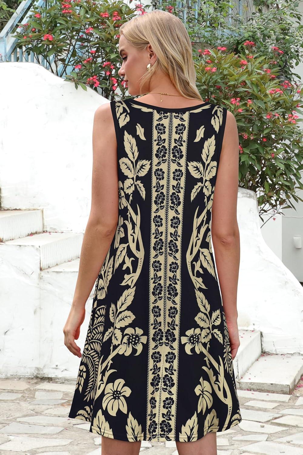 imageSummer Dresses for Women Beach Boho Sleeveless Vintage Floral Flowy Pocket Tshirt Tank SundressesBlack Floral Leaves