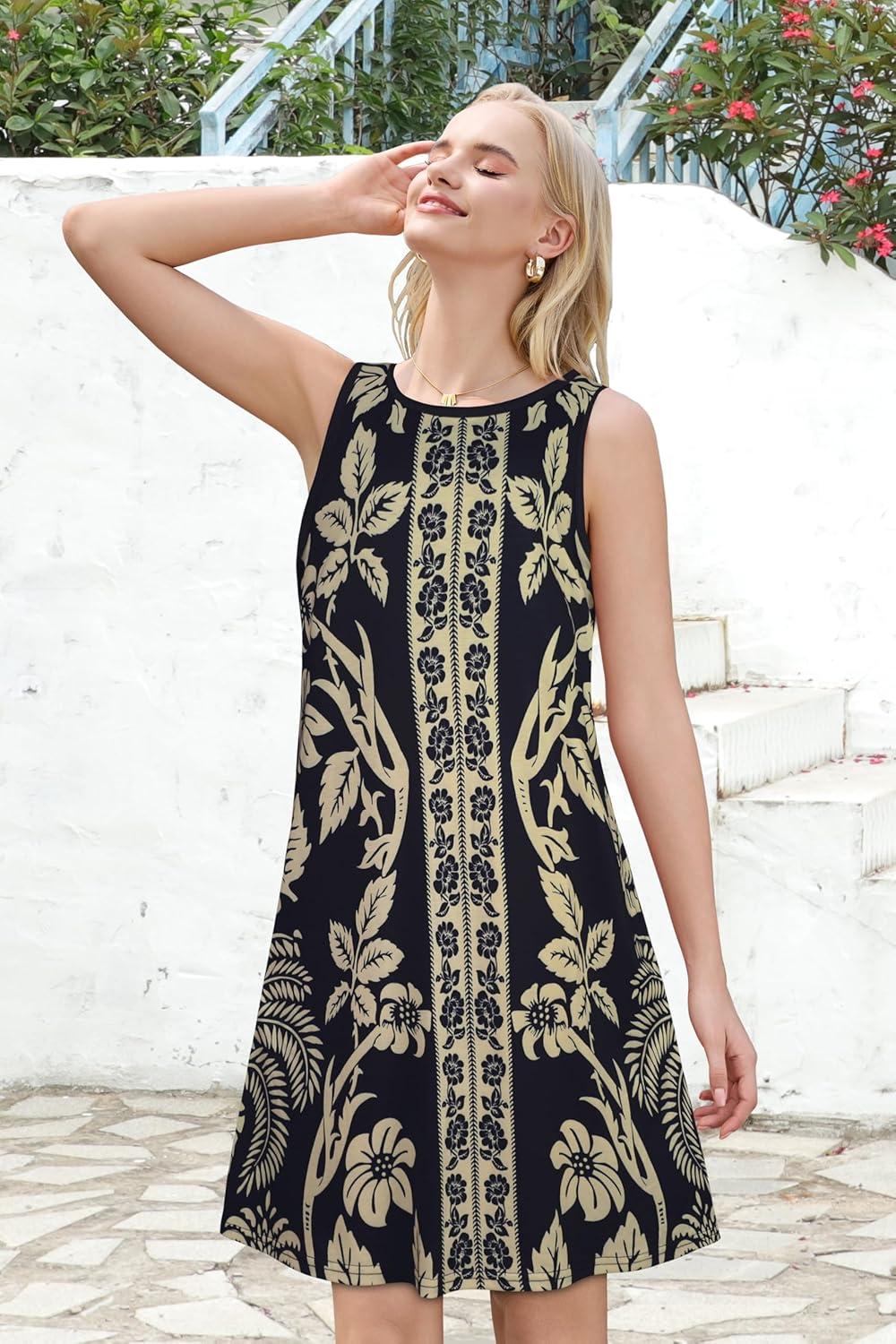 imageSummer Dresses for Women Beach Boho Sleeveless Vintage Floral Flowy Pocket Tshirt Tank SundressesBlack Floral Leaves