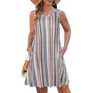 imageSummer Dresses for Women Beach Boho Sleeveless Vintage Floral Flowy Pocket Tshirt Tank SundressesBa Bohemian Stripe
