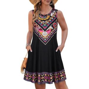 imageSummer Dresses for Women Beach Boho Sleeveless Vintage Floral Flowy Pocket Tshirt Tank SundressesBlack Boho Floral