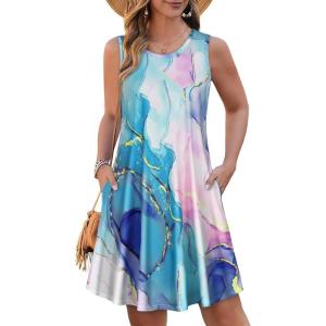 imageSummer Dresses for Women Beach Boho Sleeveless Vintage Floral Flowy Pocket Tshirt Tank SundressesBlue Tie Dye