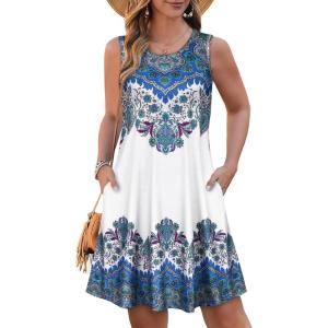 imageSummer Dresses for Women Beach Boho Sleeveless Vintage Floral Flowy Pocket Tshirt Tank SundressesBlue White Boho