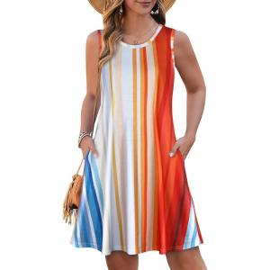 imageSummer Dresses for Women Beach Boho Sleeveless Vintage Floral Flowy Pocket Tshirt Tank SundressesColorful Stripes