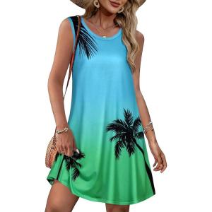 imageSummer Dresses for Women Beach Boho Sleeveless Vintage Floral Flowy Pocket Tshirt Tank SundressesGreen Blue Tree