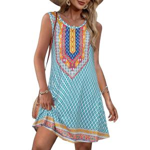 imageSummer Dresses for Women Beach Boho Sleeveless Vintage Floral Flowy Pocket Tshirt Tank SundressesLight Blue