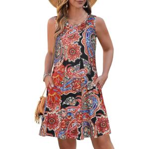 imageSummer Dresses for Women Beach Boho Sleeveless Vintage Floral Flowy Pocket Tshirt Tank SundressesRed Black Flower
