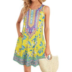 imageSummer Dresses for Women Beach Boho Sleeveless Vintage Floral Flowy Pocket Tshirt Tank SundressesYellow