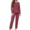 imageWEACZZY Womens Waffle Knit Pajama Sets Long Sleeve Top and Wide Leg Pants Matching Lounge SetsRust RedMedium