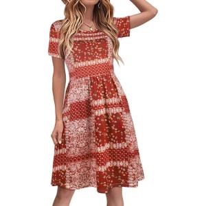 imagePlus Size Dress Summer Flowy Loose Swing Short Sleeves Tshirt Sundress with Pockets Red Printed PlaidM