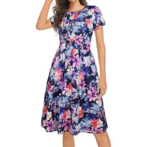 imageSummer Dresses for Women Casual Floral Loose Flowy Short Sleeve Sundress with Pockets Blue Purple FlowerL