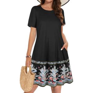 imageSummer Dresses for Women Casual Tshirt Short Sleeve Floral Sundress Beach Cover Ups with PocketsA Black Floral