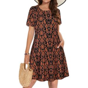 imageSummer Dresses for Women Casual Tshirt Short Sleeve Floral Sundress Beach Cover Ups with PocketsA Black Orange Floral