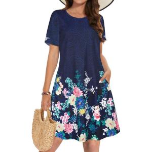 imageSummer Dresses for Women Casual Tshirt Short Sleeve Floral Sundress Beach Cover Ups with PocketsA Blue Flower