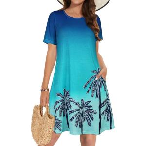 imageSummer Dresses for Women Casual Tshirt Short Sleeve Floral Sundress Beach Cover Ups with PocketsA Blue Hawaiian Tree