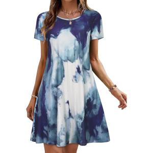 imageSummer Dresses for Women Casual Tshirt Short Sleeve Floral Sundress Beach Cover Ups with PocketsA Blue Tie Dye