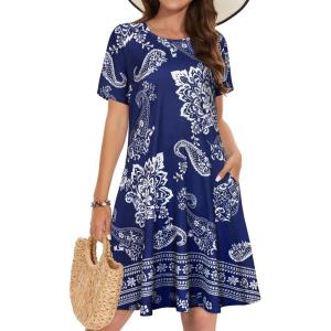 imageSummer Dresses for Women Casual Tshirt Short Sleeve Floral Sundress Beach Cover Ups with PocketsA Deep Bule Boho
