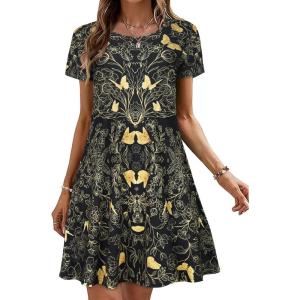 imageSummer Dresses for Women Casual Tshirt Short Sleeve Floral Sundress Beach Cover Ups with PocketsA Golden Butterfly